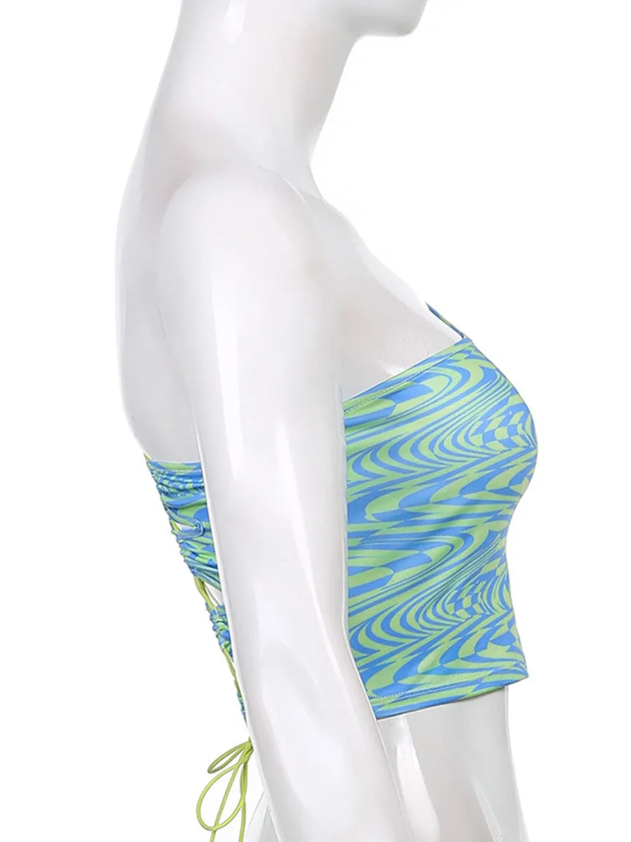 Hot Girls Women's Sexy Crop Top Water Wave Print Single Shoulder Irregular Backless Lace-up