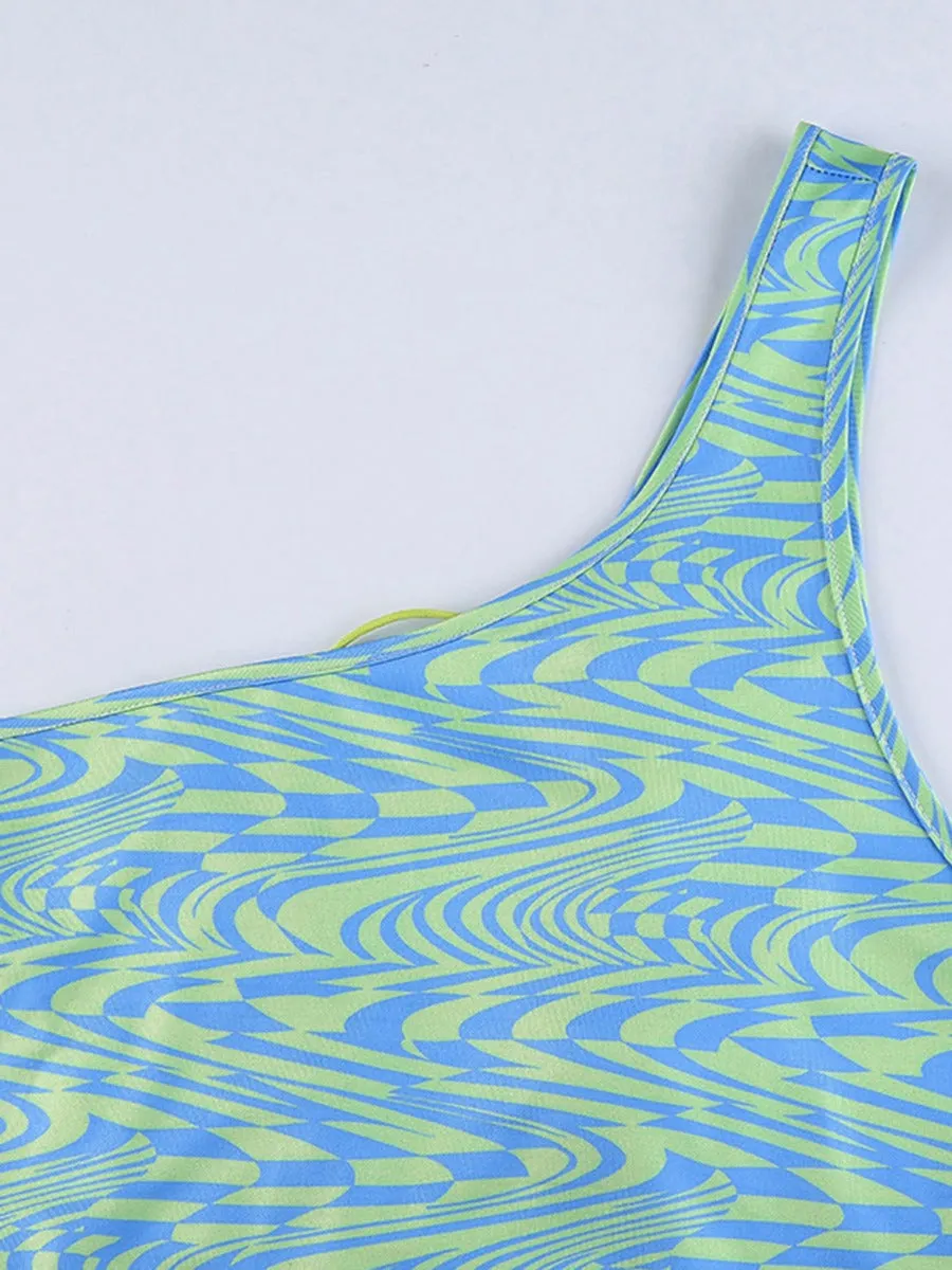 Hot Girls Women's Sexy Crop Top Water Wave Print Single Shoulder Irregular Backless Lace-up
