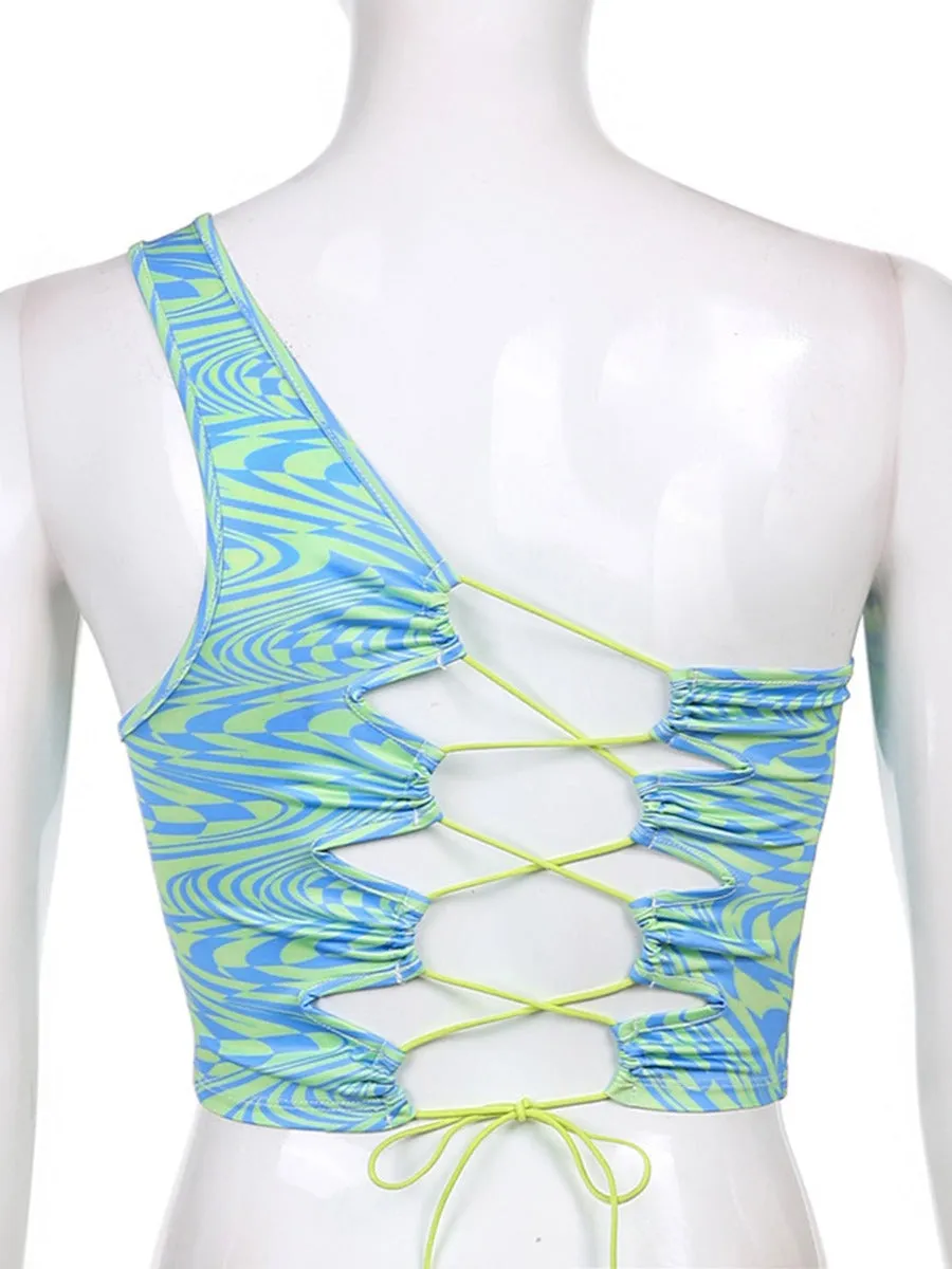 Hot Girls Women's Sexy Crop Top Water Wave Print Single Shoulder Irregular Backless Lace-up