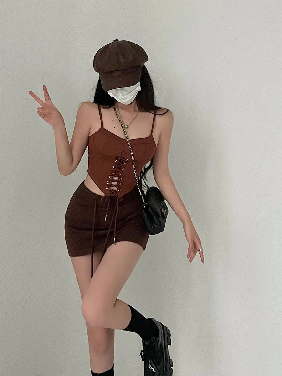 Ianna Solid Color Cross Lace Up Cinched Waist Spaghetti Strap Slim Top