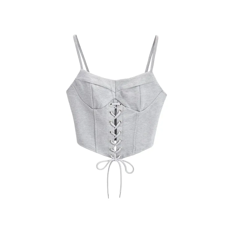 Ianna Solid Color Cross Lace Up Cinched Waist Spaghetti Strap Slim Top