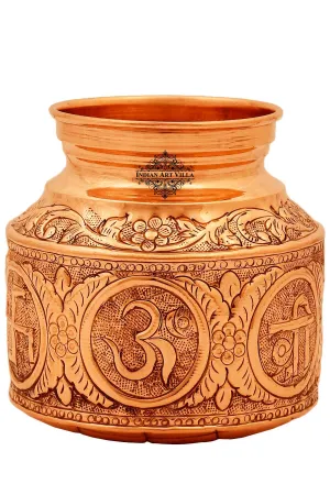 Indian Art Villa Handcrafted Pure Copper Om Swasthik Shree Design Lota For Spiritual & Puja