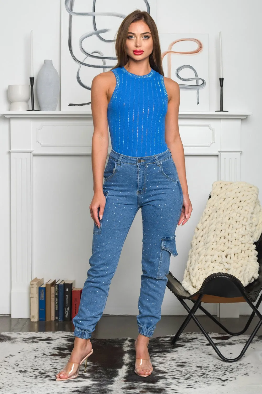 Irene Sleeve less knit top with rhinestones details