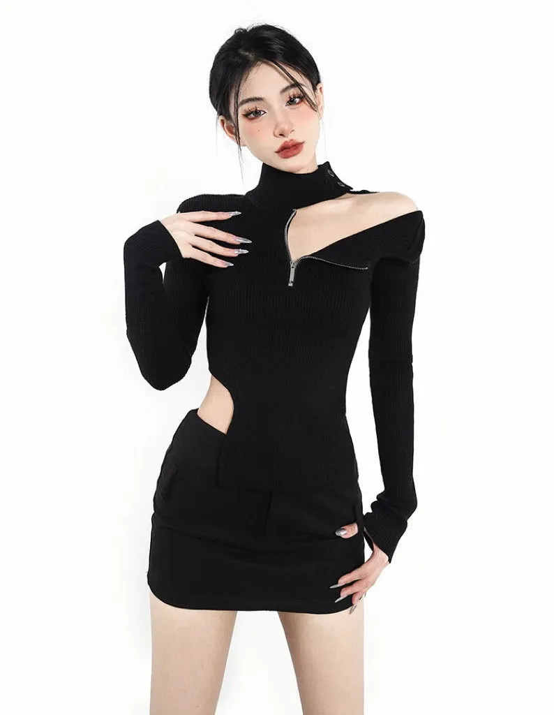 Janiya Solid Color Turtleneck Zip Up Cut Out Asymmetrical Ribbed Long Sleeve Top