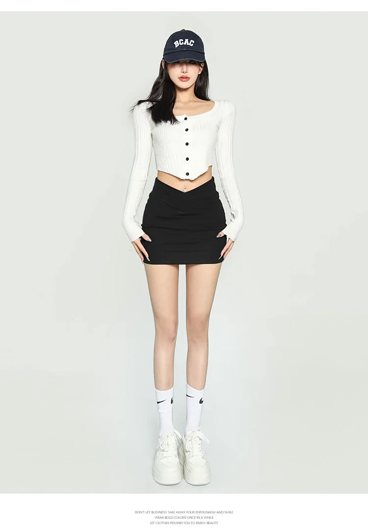 Jenna Solid Color Ribbed Button Up Long Sleeve Slim Cropped Top
