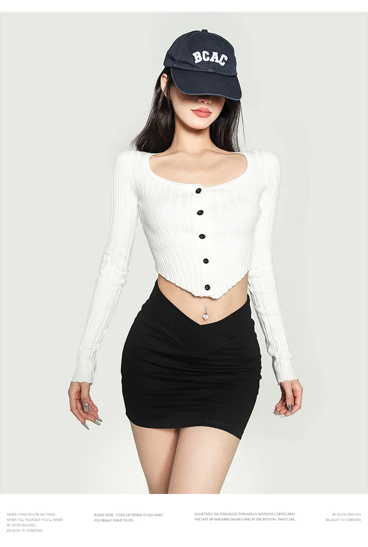 Jenna Solid Color Ribbed Button Up Long Sleeve Slim Cropped Top