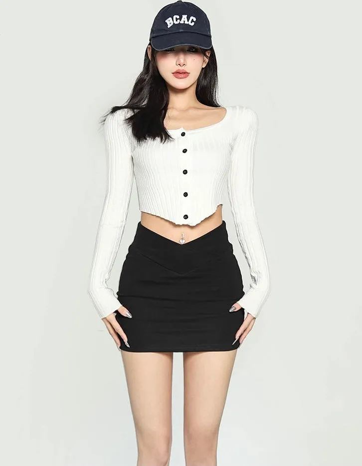 Jenna Solid Color Ribbed Button Up Long Sleeve Slim Cropped Top