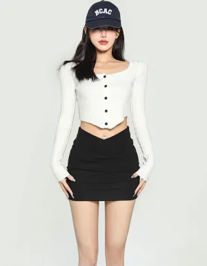 Jenna Solid Color Ribbed Button Up Long Sleeve Slim Cropped Top