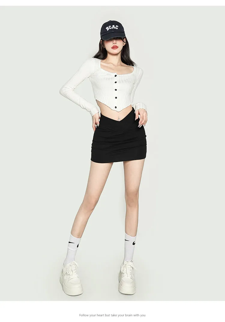 Jenna Solid Color Ribbed Button Up Long Sleeve Slim Cropped Top