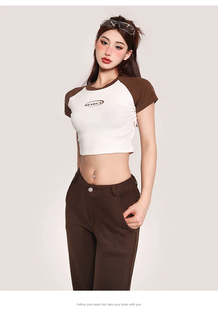 Juin Patchwork Contrast Color Short Sleeve Slim Cropped Top