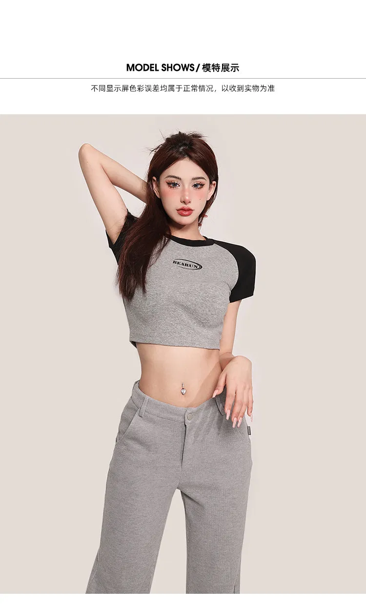 Juin Patchwork Contrast Color Short Sleeve Slim Cropped Top