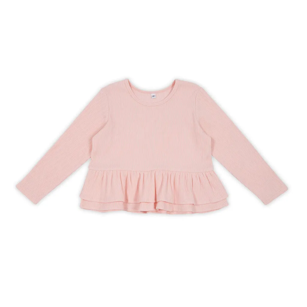 Kapow Cloud Pink Rib Peplum LS Tee