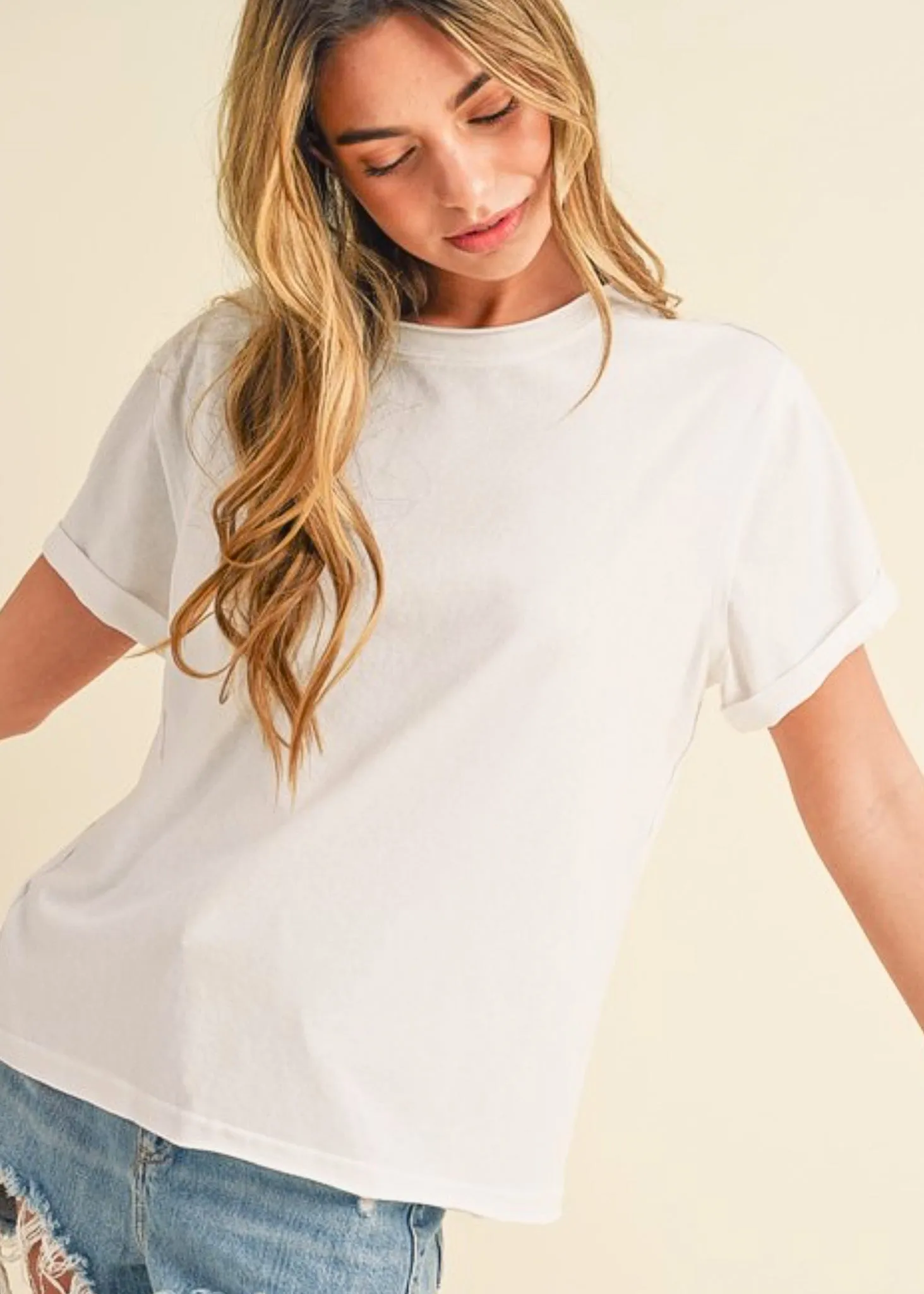 Kara, Womens Basic Crew Neck Tee, Raw Edge Seams, Cuffed Sleeves, White