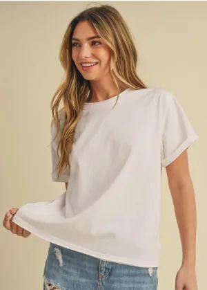 Kara, Womens Basic Crew Neck Tee, Raw Edge Seams, Cuffed Sleeves, White