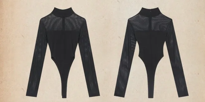 Kaydence Solid Color Black Long Sleeve Slim Mesh Patchwork Bodysuit Top