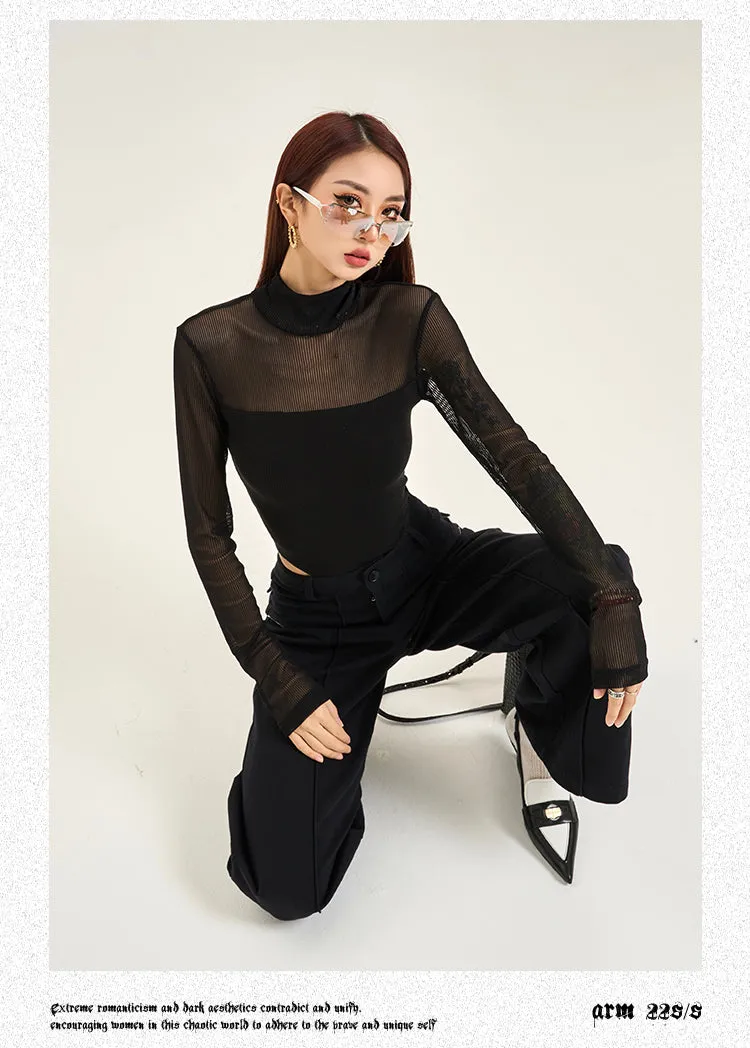 Kaydence Solid Color Black Long Sleeve Slim Mesh Patchwork Bodysuit Top