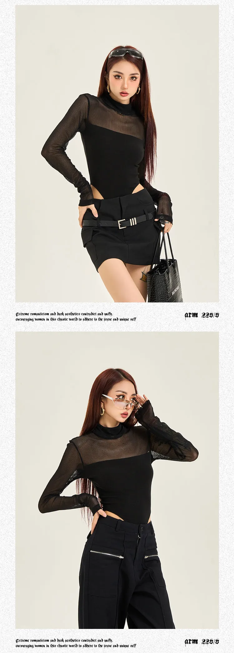 Kaydence Solid Color Black Long Sleeve Slim Mesh Patchwork Bodysuit Top