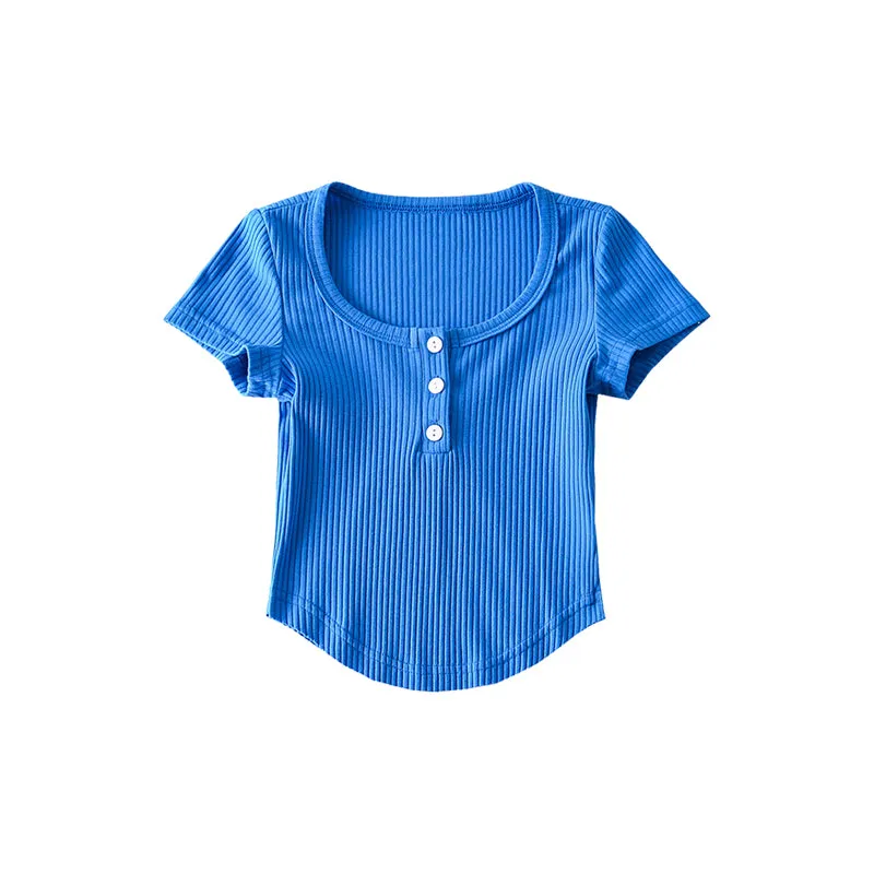 Kelly Solid Color Round Neck Slim Short Sleeve Button Up Cropped Top
