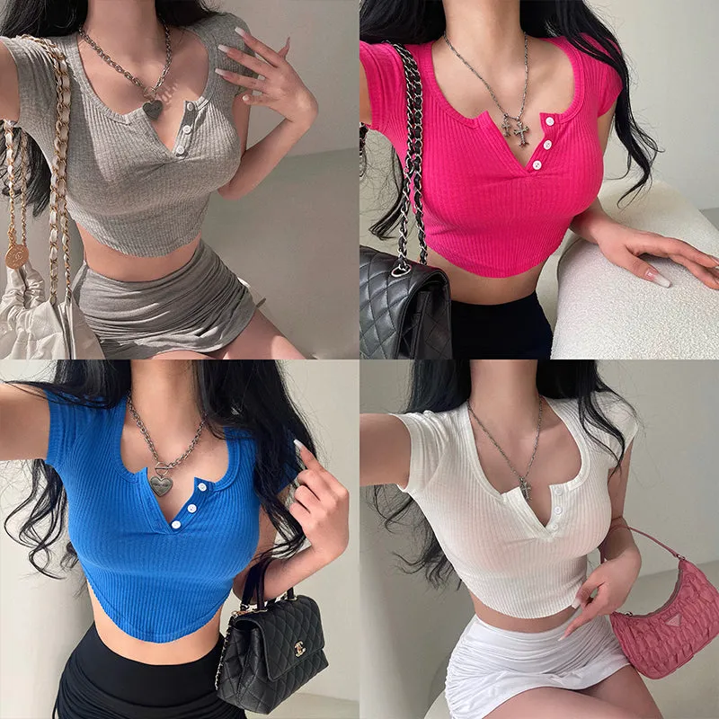 Kelly Solid Color Round Neck Slim Short Sleeve Button Up Cropped Top