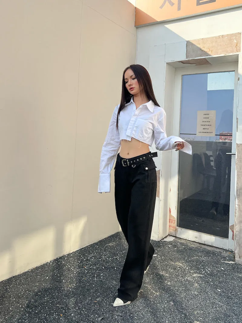 Kendall Solid Color White Asymmetrical Office Long Sleeve Button Up Cropped Shirt Top