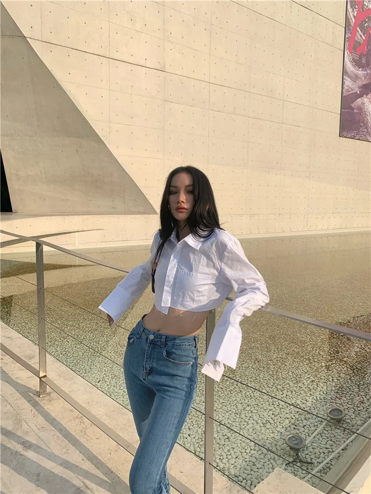 Kendall Solid Color White Asymmetrical Office Long Sleeve Button Up Cropped Shirt Top