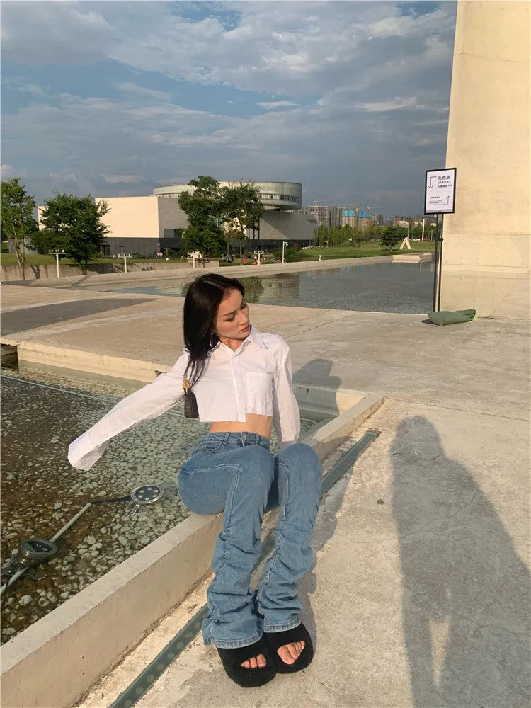 Kendall Solid Color White Asymmetrical Office Long Sleeve Button Up Cropped Shirt Top