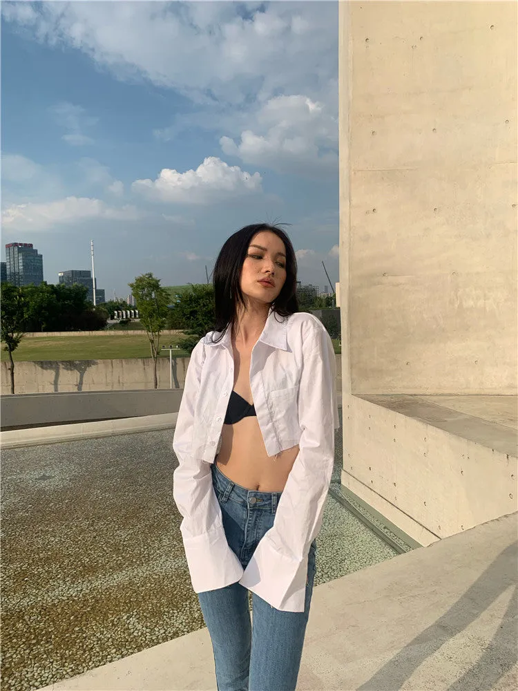 Kendall Solid Color White Asymmetrical Office Long Sleeve Button Up Cropped Shirt Top