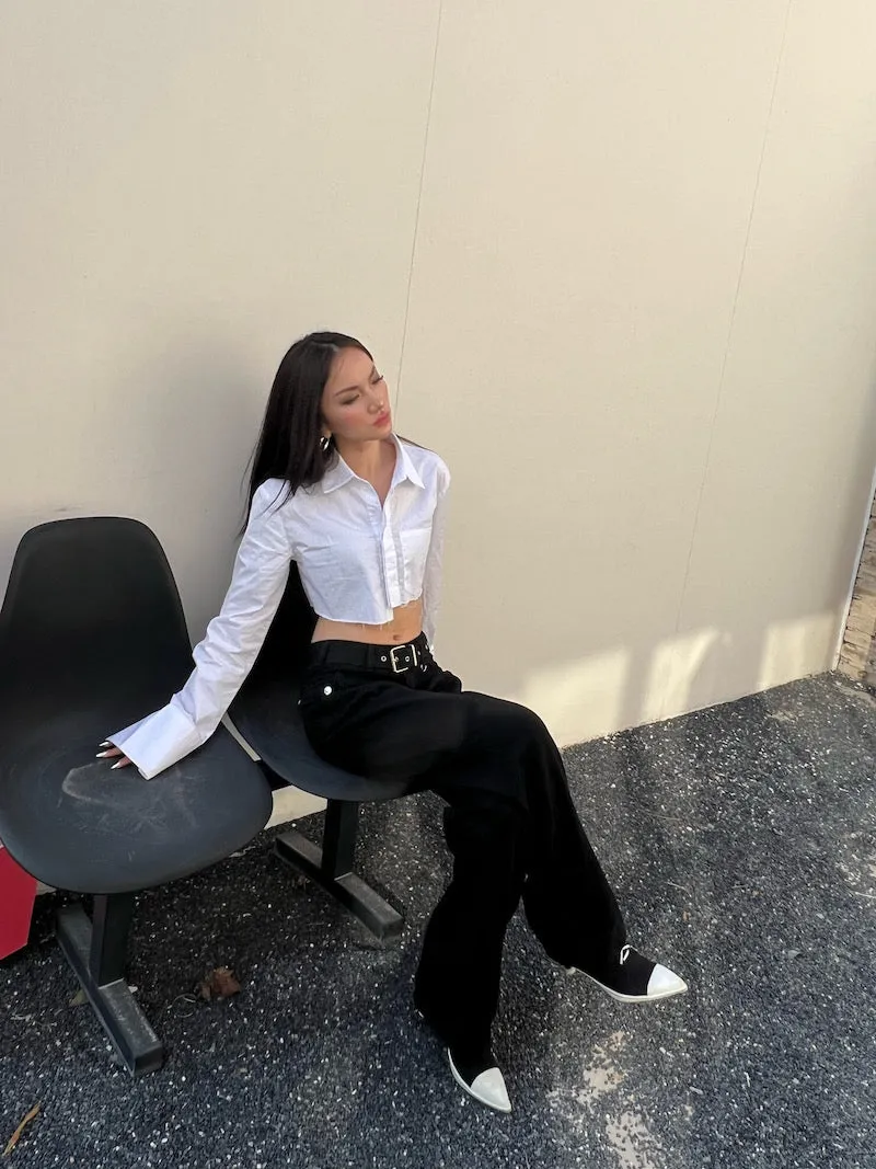 Kendall Solid Color White Asymmetrical Office Long Sleeve Button Up Cropped Shirt Top
