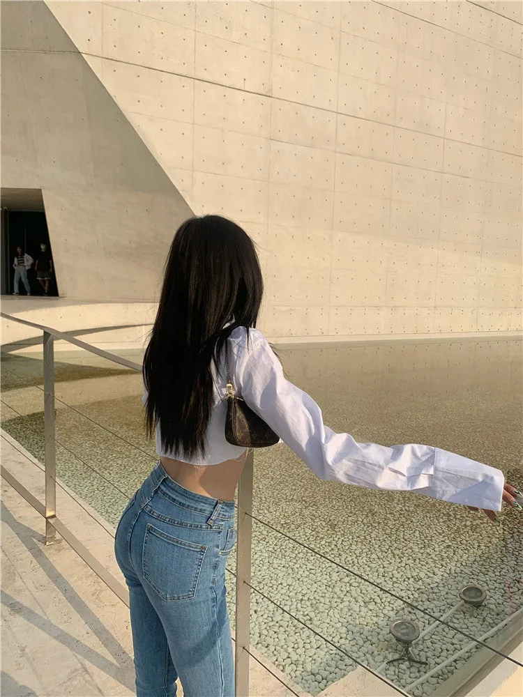 Kendall Solid Color White Asymmetrical Office Long Sleeve Button Up Cropped Shirt Top