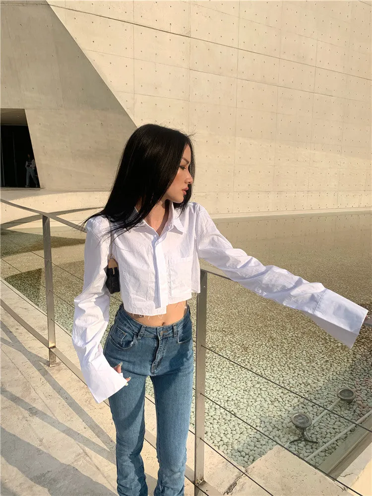 Kendall Solid Color White Asymmetrical Office Long Sleeve Button Up Cropped Shirt Top