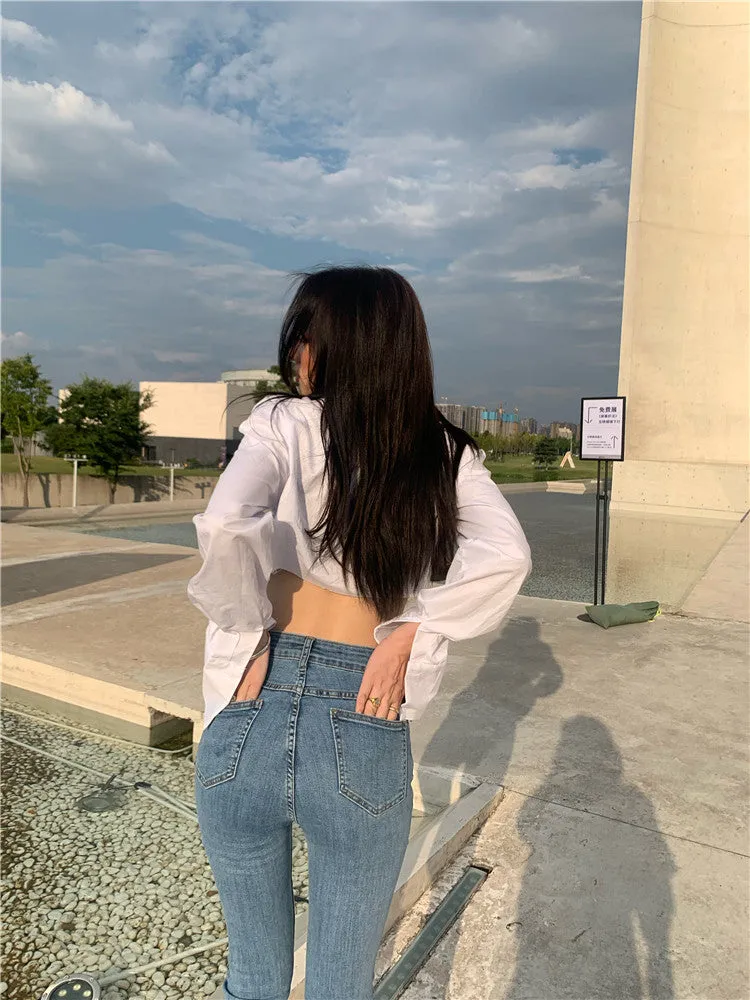 Kendall Solid Color White Asymmetrical Office Long Sleeve Button Up Cropped Shirt Top