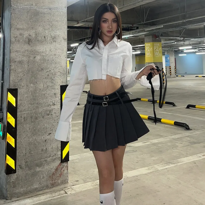 Kendall Solid Color White Asymmetrical Office Long Sleeve Button Up Cropped Shirt Top