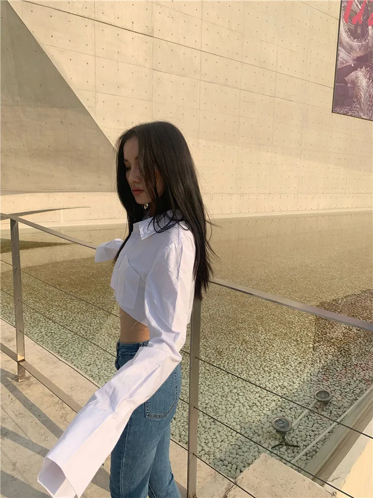 Kendall Solid Color White Asymmetrical Office Long Sleeve Button Up Cropped Shirt Top