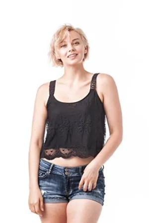 Khanomak Sleeveless Mesh Lace Double Layered Cami Crop Top