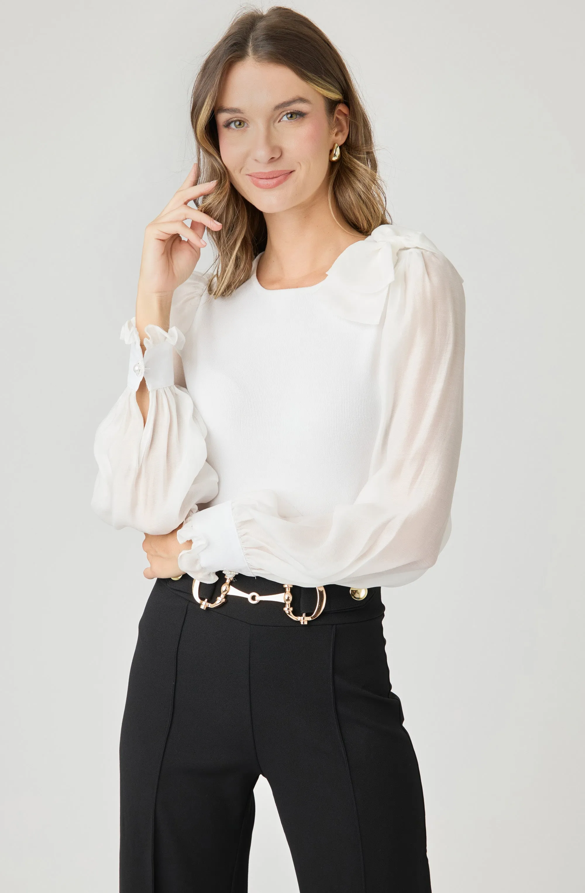 Knit Top with Chiffon Sleeves and Bow