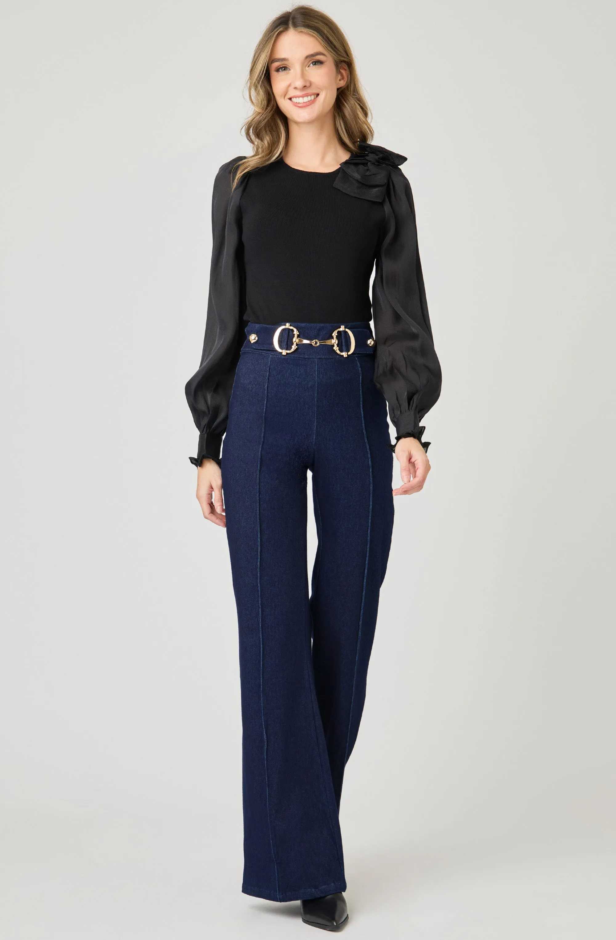 Knit Top with Chiffon Sleeves and Bow