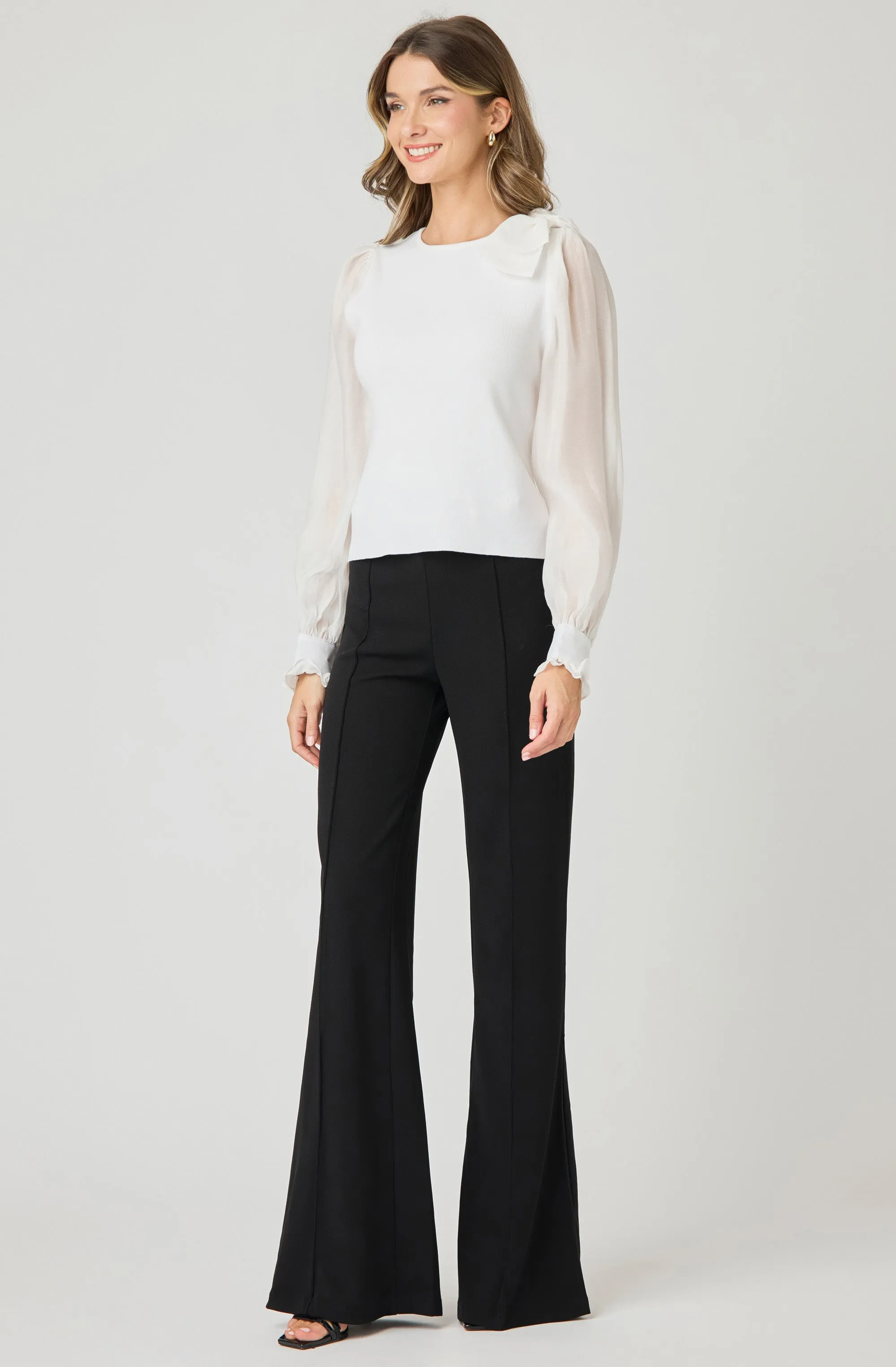 Knit Top with Chiffon Sleeves and Bow