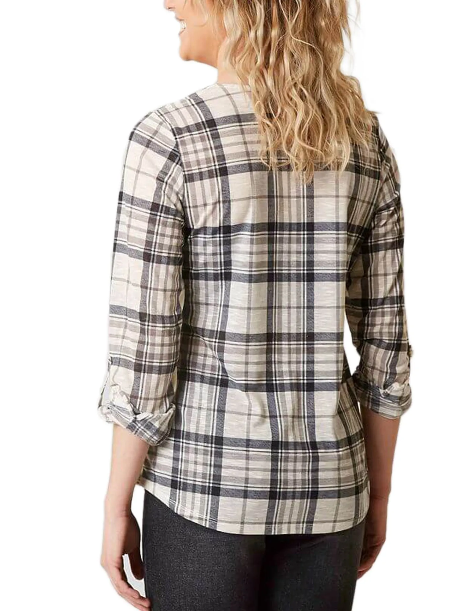 KOGMO Womens Roll Up Sleeve Lace Up Plaid Knit Top