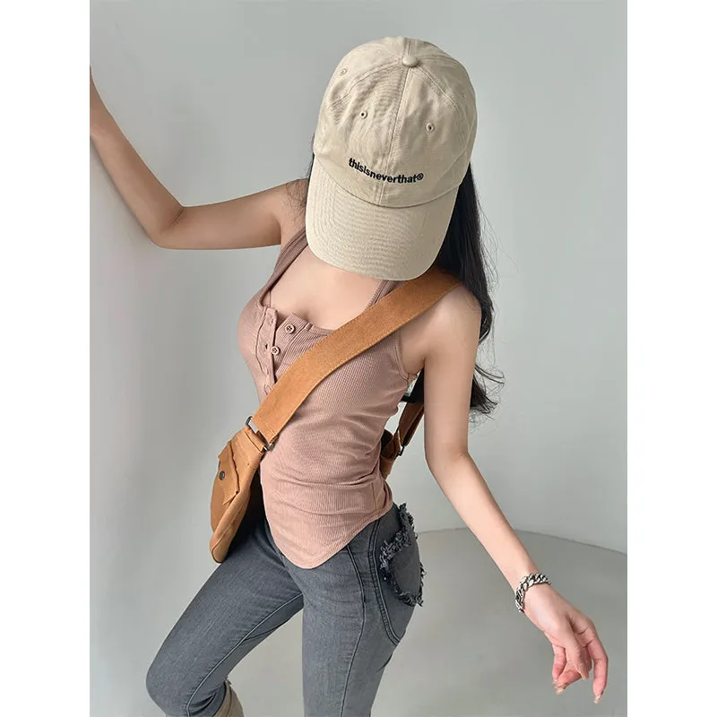 Kristan Solid Color Halter Backless Slim Button Up Sleeveless Top