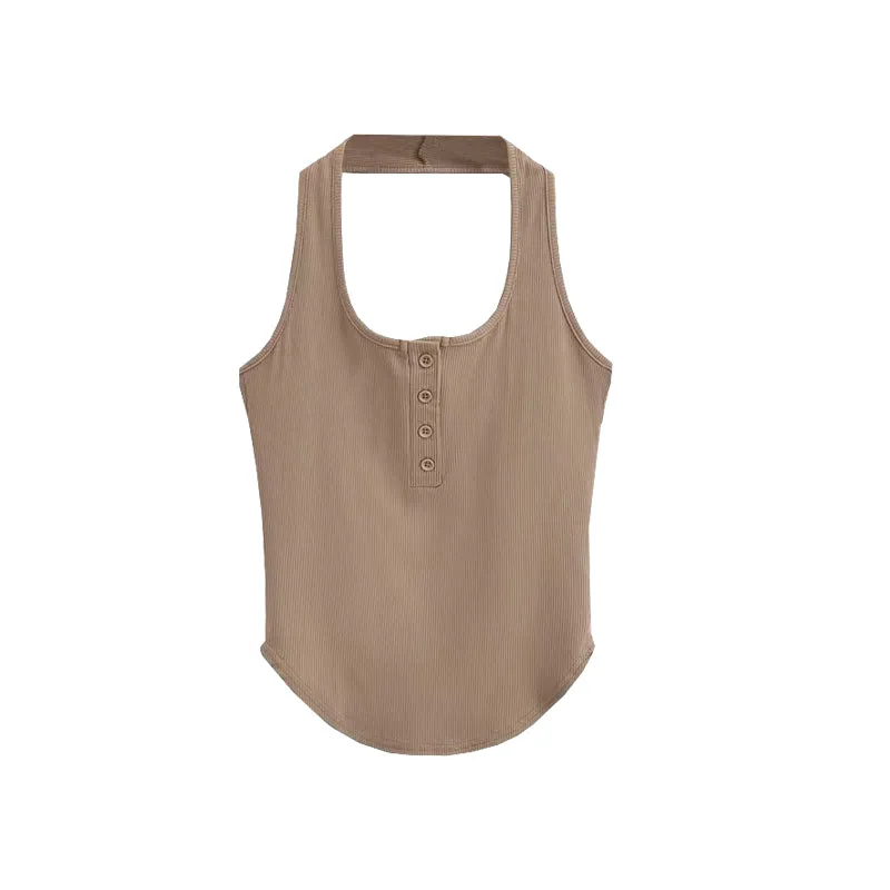 Kristan Solid Color Halter Backless Slim Button Up Sleeveless Top