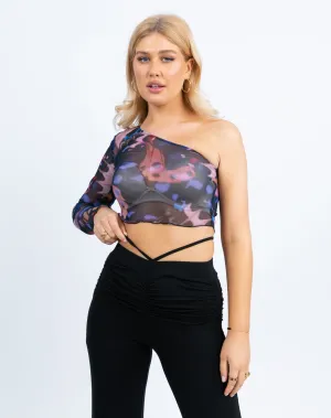 Kylie One Shoulder Butterfly Mesh Crop Top