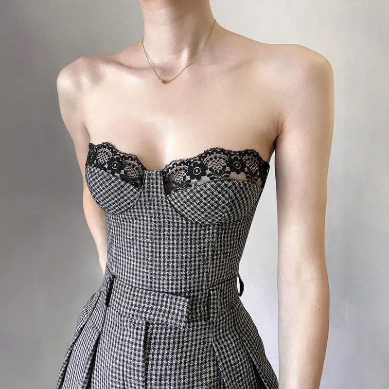 Lace Corss Tie Slim Elegant Strapless Black White Plaid Top