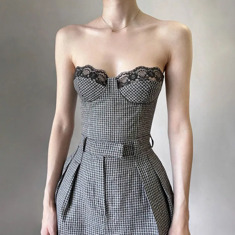 Lace Corss Tie Slim Elegant Strapless Black White Plaid Top