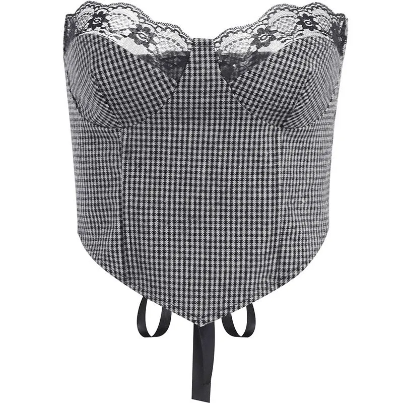 Lace Corss Tie Slim Elegant Strapless Black White Plaid Top