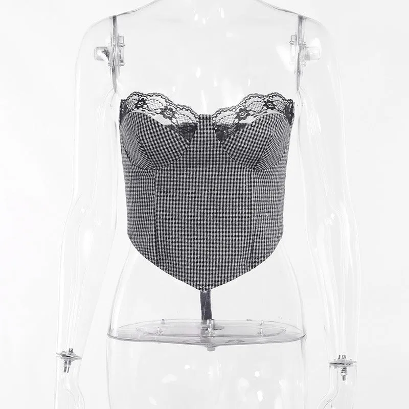 Lace Corss Tie Slim Elegant Strapless Black White Plaid Top