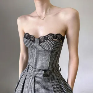 Lace Corss Tie Slim Elegant Strapless Black White Plaid Top
