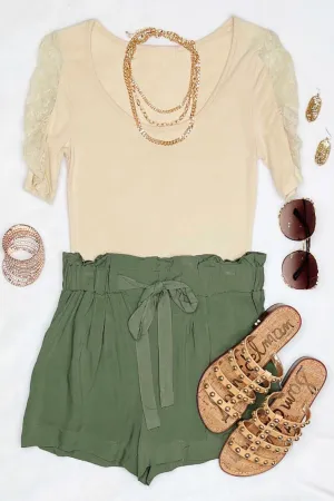 Lace Detail Puff Sleeve Top - Nude