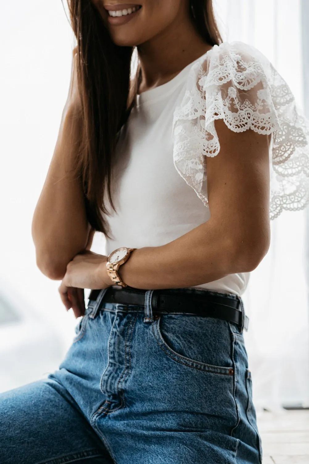 Lace Detail White Flutter Sleeve Top