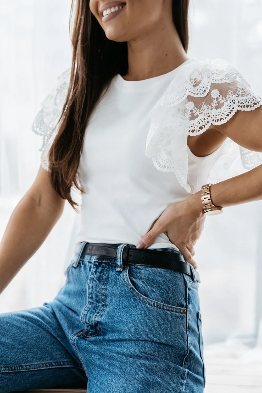 Lace Detail White Flutter Sleeve Top