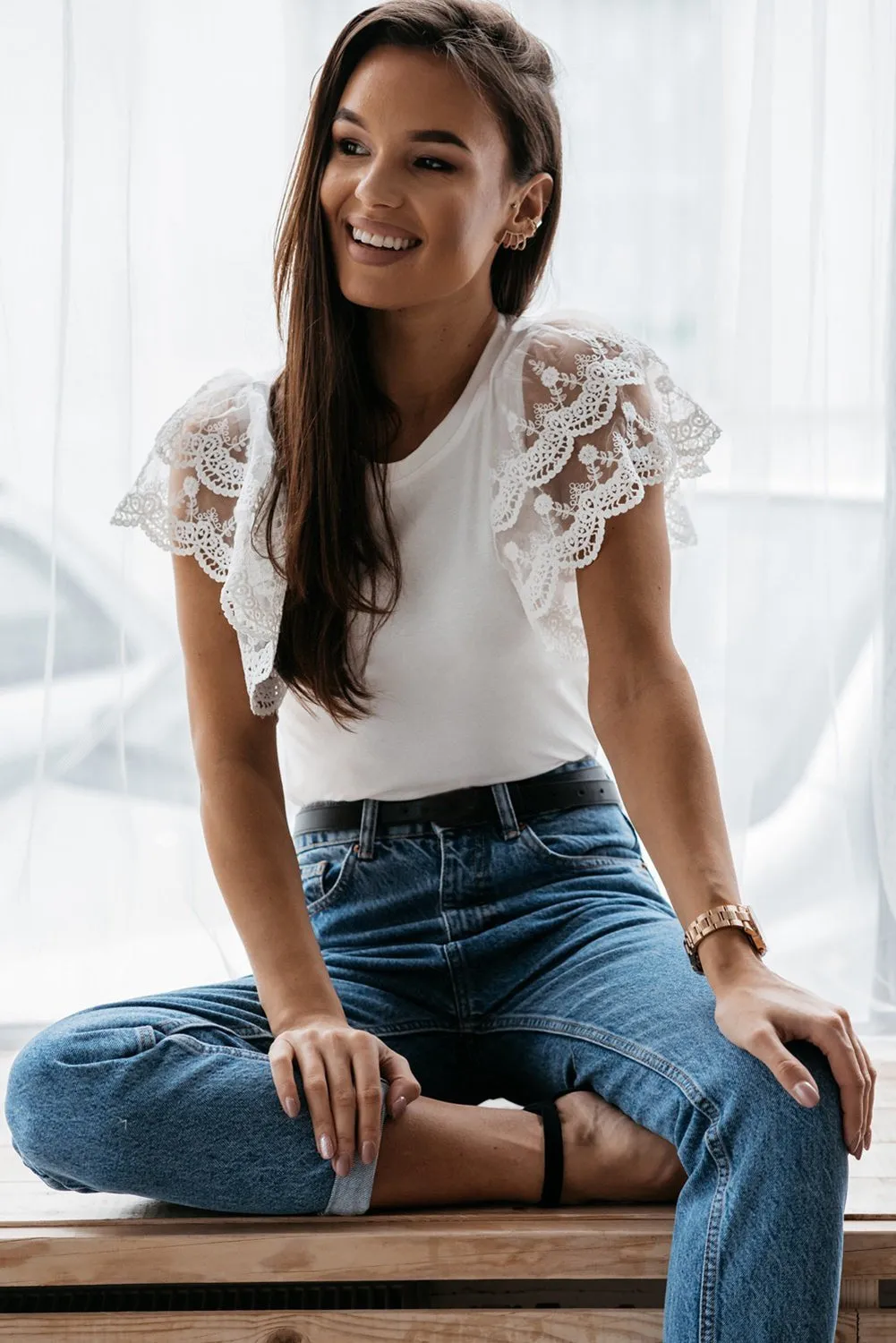 Lace Detail White Flutter Sleeve Top
